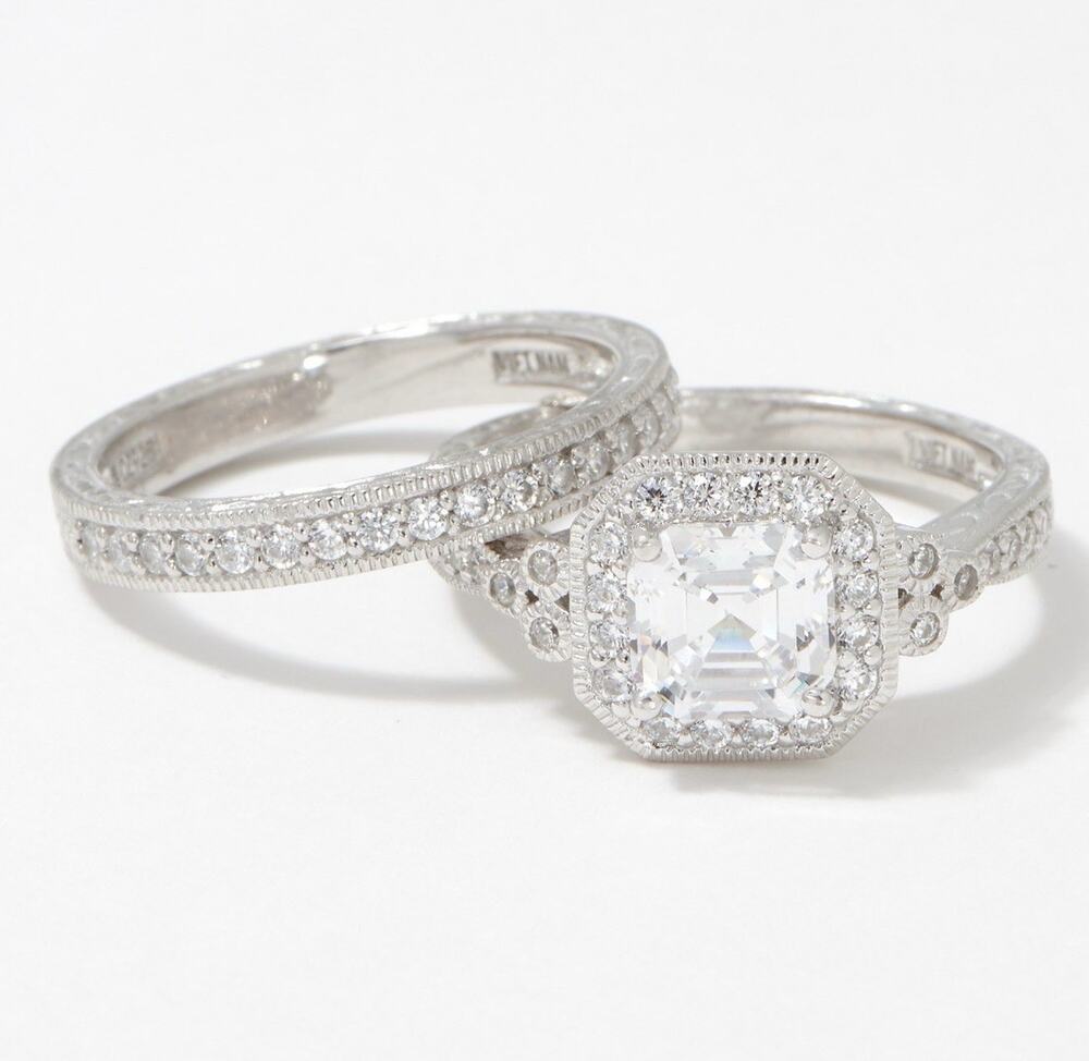 Diamonique Sterling Silver Platinum Clad 2.50 cttw 2 piece Ring Set Size 7